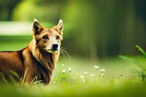 un' Marrone cane è in piedi nel il erba. ai-generato foto