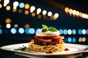 un' piatto di cibo con spaghetti e carne su esso. ai-generato foto