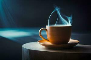 un' tazza di caffè su un' di legno tavolo. ai-generato foto