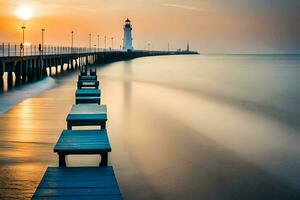 un' lungo molo con un' faro a tramonto. ai-generato foto