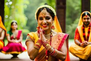 indiano sposa nel tradizionale abbigliamento. ai-generato foto