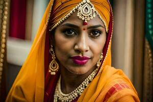 un' bellissimo indiano sposa nel tradizionale abbigliamento. ai-generato foto
