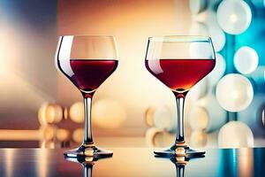 Due bicchieri di vino su un' tavolo. ai-generato foto