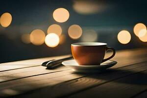 un' tazza di caffè su un' di legno tavolo con bokeh luci. ai-generato foto