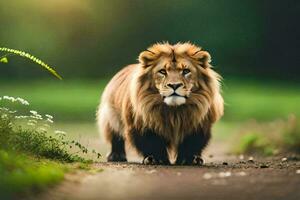 un' Leone a piedi giù un' strada nel il mezzo di un' campo. ai-generato foto