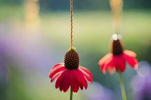 Due rosso fiori sospeso a partire dal un' corda. ai-generato foto