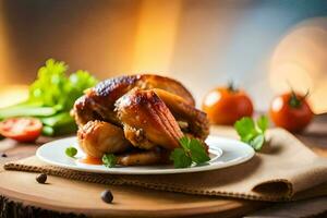 un' pollo su un' piatto con verdure e erbe aromatiche. ai-generato foto