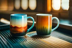 Due caffè tazze con un' tramonto scena su loro. ai-generato foto