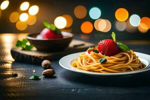 spaghetti con fragole e noccioline su un' piatto. ai-generato foto