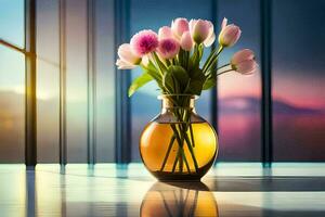 rosa tulipani nel un' vaso su un' tavolo nel davanti di un' finestra. ai-generato foto