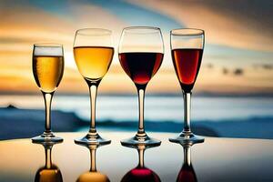 quattro bicchieri di vino su un' tavolo con il tramonto nel il sfondo. ai-generato foto
