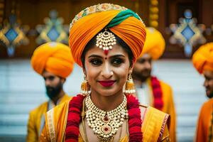 un' bellissimo indiano sposa nel un' giallo turbante. ai-generato foto