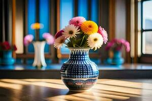 un' vaso con colorato fiori seduta su un' di legno tavolo. ai-generato foto