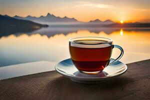 un' tazza di tè su un' lago. ai-generato foto