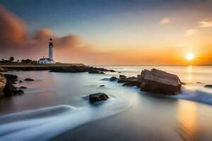 un' faro è visto nel il distanza a tramonto. ai-generato foto