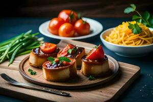 piccolo mini pizze con pomodori e formaggio su un' di legno taglio tavola. ai-generato foto