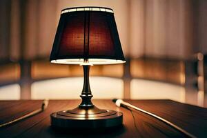 un' tavolo lampada su un' di legno tavolo. ai-generato foto
