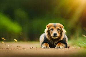 un' cane posa su il terra nel il mezzo di un' campo. ai-generato foto