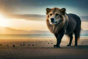 un' Leone a piedi su il spiaggia a tramonto. ai-generato foto