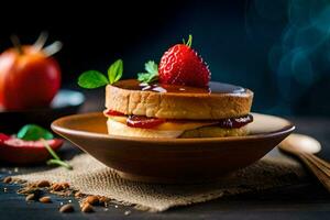 un' fragola e crema torta con un' fragola su superiore. ai-generato foto