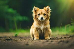 un' piccolo cane seduta su il terra nel il mezzo di un' campo. ai-generato foto