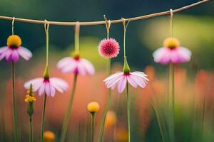 fiori sospeso a partire dal un' stendibiancheria. ai-generato foto