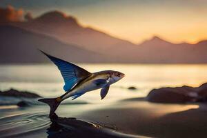 un' pesce è volante al di sopra di il acqua a tramonto. ai-generato foto