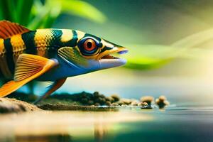 un' pesce con un' luminosa rosso occhio è in piedi nel il acqua. ai-generato foto