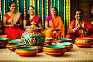un' gruppo di persone nel colorato sari seduta in giro un' tavolo con colorato ciotole. ai-generato foto