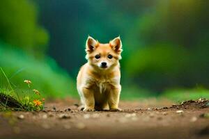 un' piccolo cucciolo è in piedi su un' sporco strada. ai-generato foto