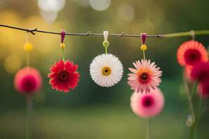 colorato fiori sospeso a partire dal un' filo. ai-generato foto