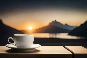 un' tazza di caffè su un' tavolo nel davanti di un' montagna Visualizza. ai-generato foto