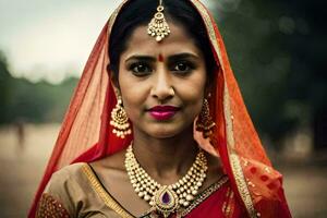 un' bellissimo indiano donna indossare un' rosso sari. ai-generato foto