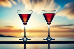 Due bicchieri di vino su un' tavolo con il tramonto nel il sfondo. ai-generato foto