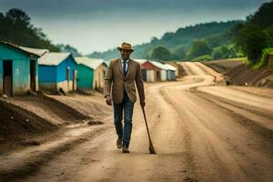 un' uomo nel un' completo da uomo e cappello a piedi giù un' sporco strada. ai-generato foto