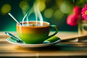 caffè tazza con un' cucchiaio e fiori. ai-generato foto