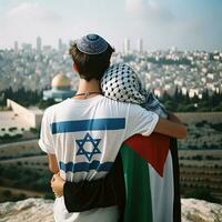 giovane coppia nel amore simbolo di pace e riconciliazione nel Gerusalemme. generativo ai. foto