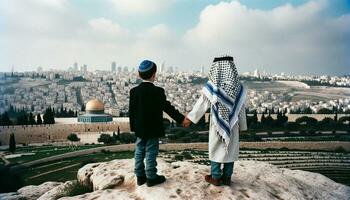 simbolo di pace ebraico e palestinese amici nel Gerusalemme. generativo ai foto