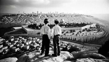 simbolo di pace ebraico e palestinese amici nel Gerusalemme. generativo ai foto