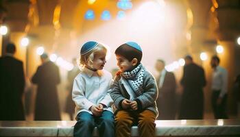titolo ebraico e palestinese bambini simboli di amicizia, pace, e riconciliazione. generativo ai. foto