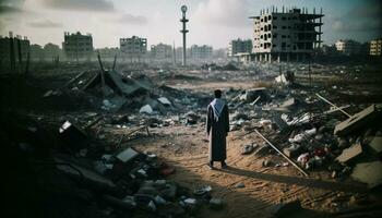 solitario uomo nel devastato dalla guerra arabo città. generativo ai foto