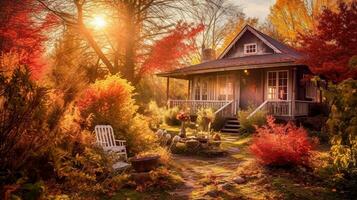 autunnale serenità ai generato americano di legno Casa nel il foresta foto