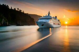 un' crociera nave nel il oceano a tramonto. ai-generato foto