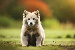 un' bianca cane seduta nel il erba. ai-generato foto
