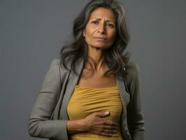 messicano donna appare per essere nel dolore su grigio sfondo ai generativo foto
