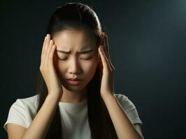 asiatico donna appare per essere nel dolore a partire dal mal di testa ai generativo foto