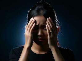 asiatico donna appare per essere nel dolore a partire dal mal di testa ai generativo foto