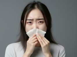 asiatico donna è mostrato sofferenza a partire dal freddo con che cola naso su grigio sfondo ai generativo foto