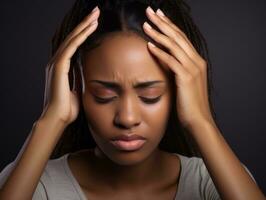 nero donna appare per essere nel dolore a partire dal mal di testa ai generativo foto