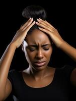 nero donna appare per essere nel dolore a partire dal mal di testa ai generativo foto
